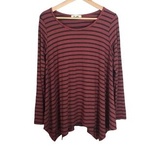 Kye Mi Women’s Red/Black OversizedStriped Shark Bite Long Sleeve Tunic Top Size